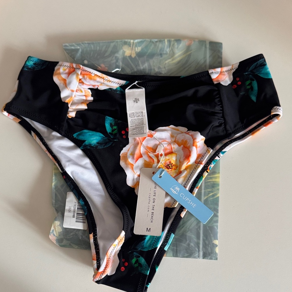 Cupshe Black Bikini Bottoms with Peach & White Floral Print